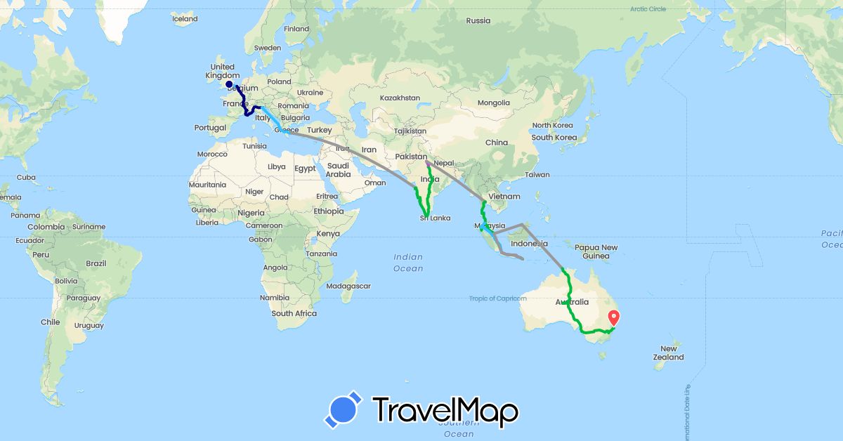TravelMap itinerary: driving, bus, plane, train, hiking, boat in Australia, Brunei, France, United Kingdom, Greece, Indonesia, India, Italy, Malaysia, Singapore, Thailand (Asia, Europe, Oceania)