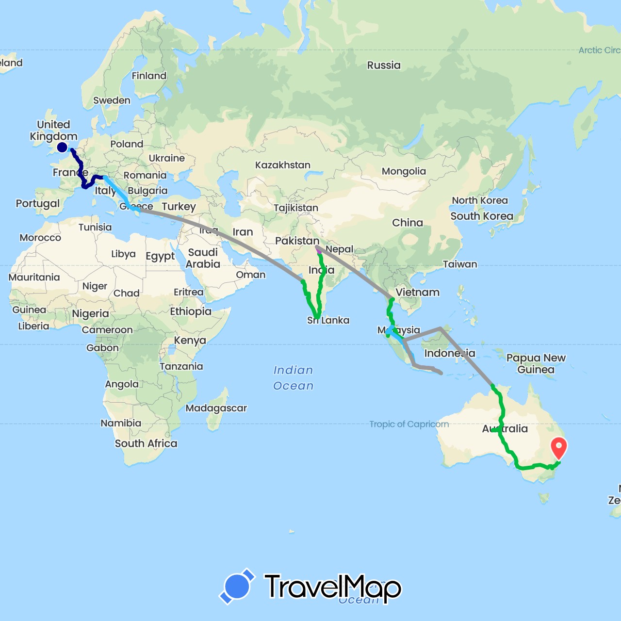 TravelMap itinerary: driving, bus, plane, train, hiking, boat in Australia, Brunei, France, United Kingdom, Greece, Indonesia, India, Italy, Malaysia, Singapore, Thailand (Asia, Europe, Oceania)