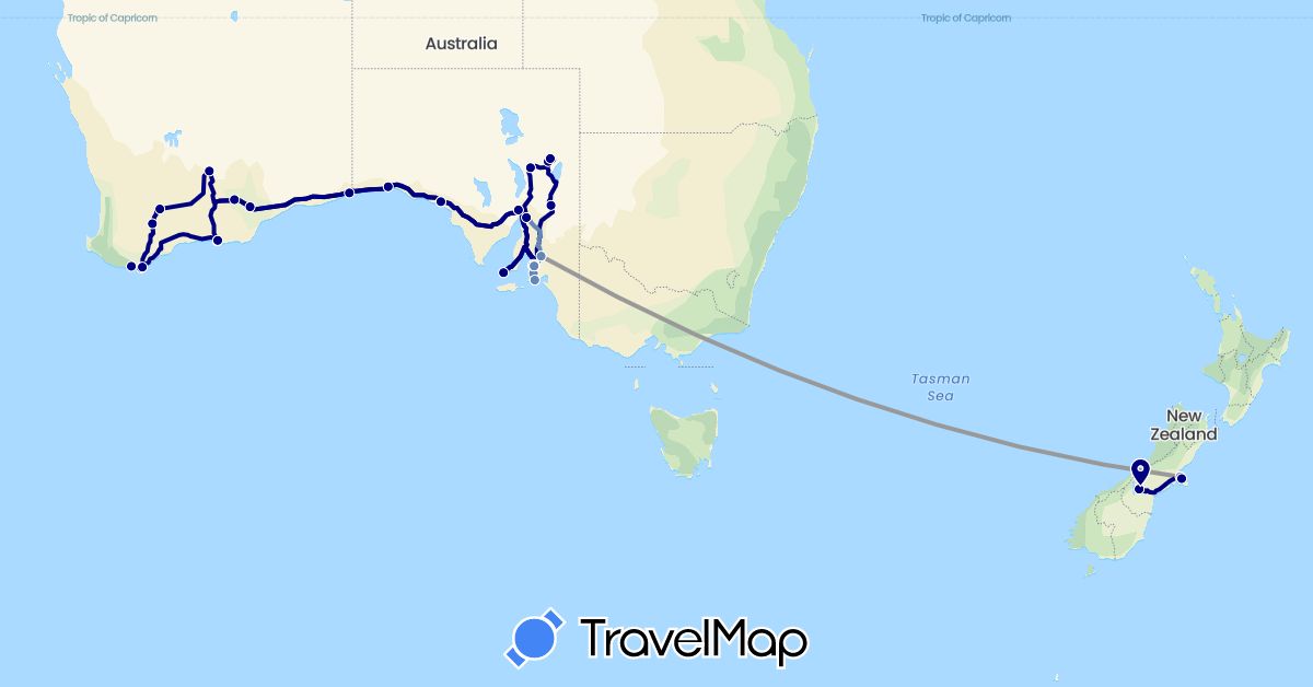 TravelMap itinerary: driving, plane, cycling in Australia, New Zealand (Oceania)