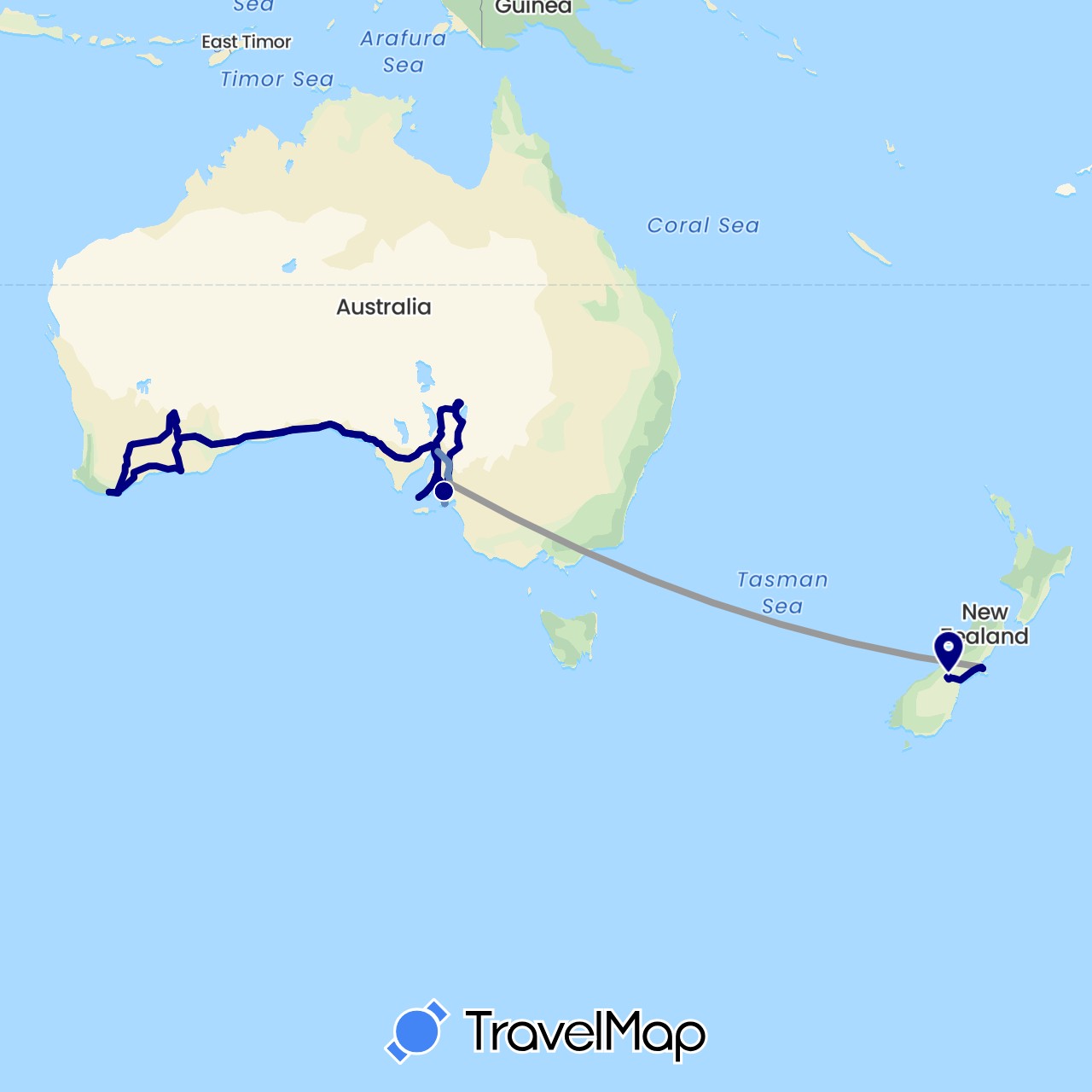 TravelMap itinerary: driving, plane, cycling in Australia, New Zealand (Oceania)