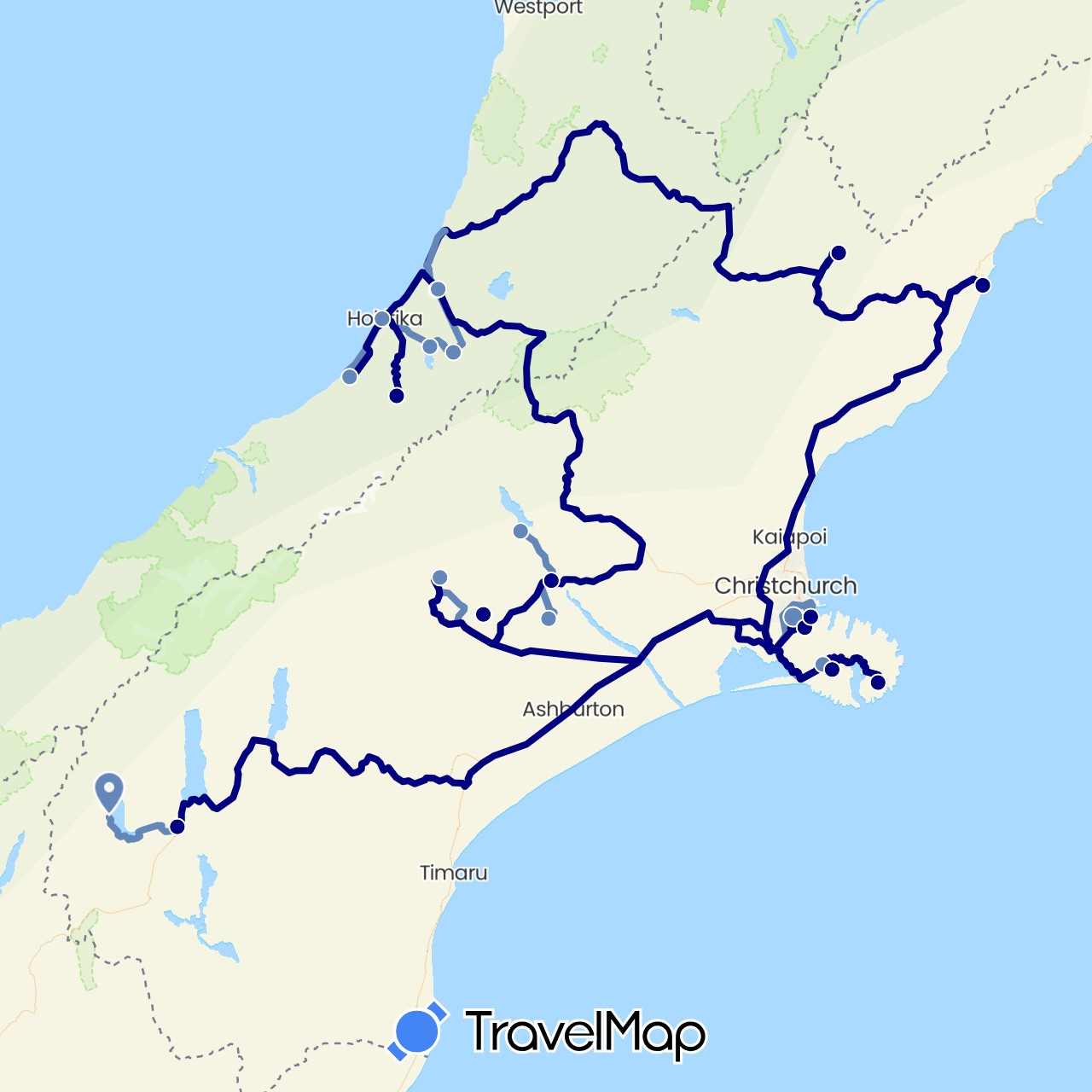 TravelMap itinerary: driving, cycling in New Zealand (Oceania)