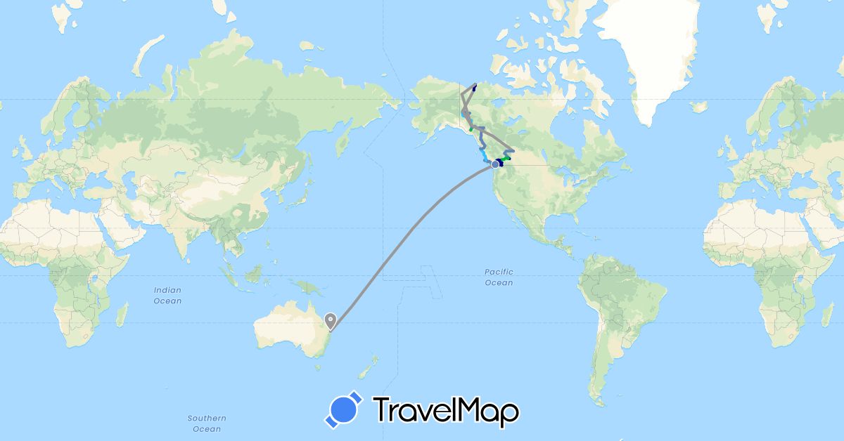 TravelMap itinerary: driving, bus, plane, cycling, train, hiking, boat in Australia, Canada, United States (North America, Oceania)