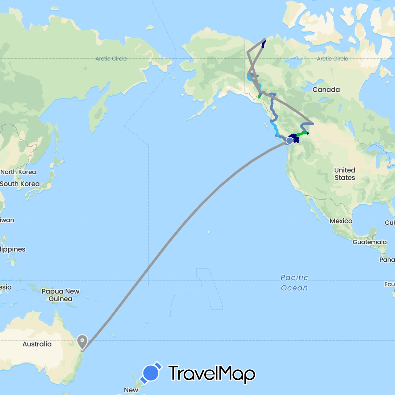 TravelMap itinerary: driving, bus, plane, cycling, train, hiking, boat in Australia, Canada, United States (North America, Oceania)